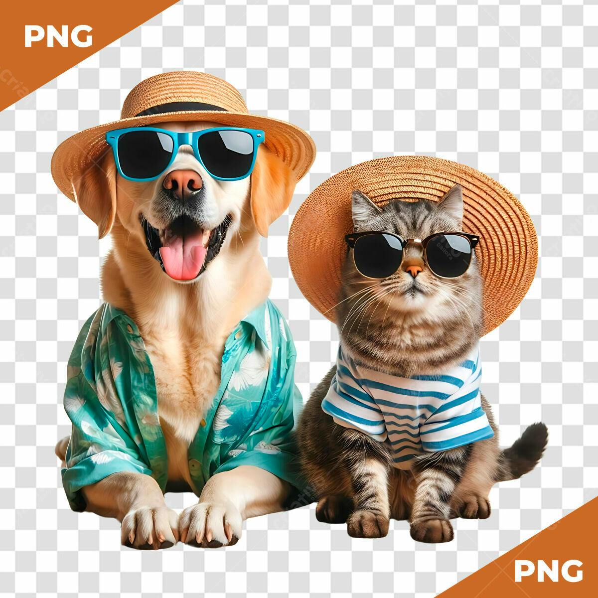 Imagem de Cachorro e Gato com Chapéu e Óculos PSD Editável