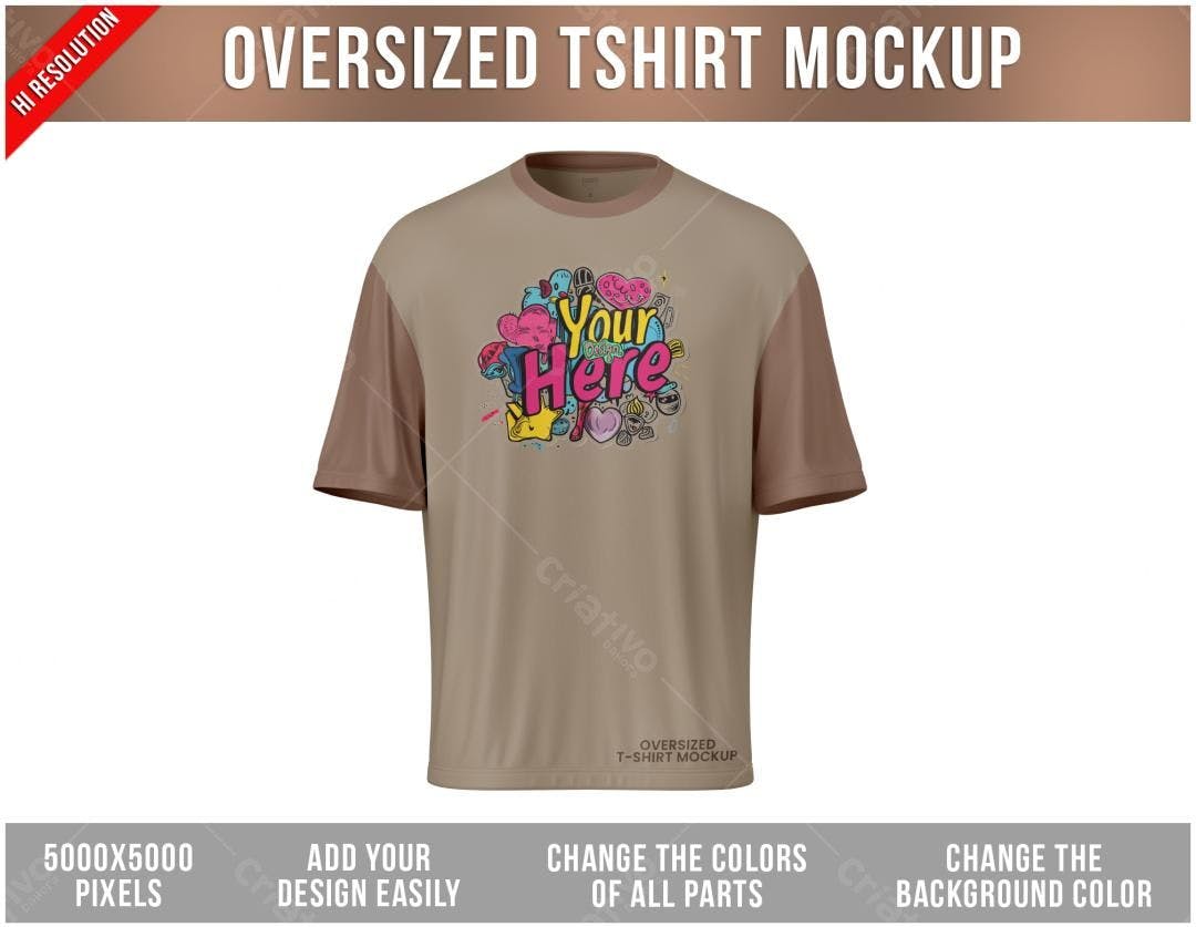 Mockup Camiseta Oversized Bege com Design Colorido