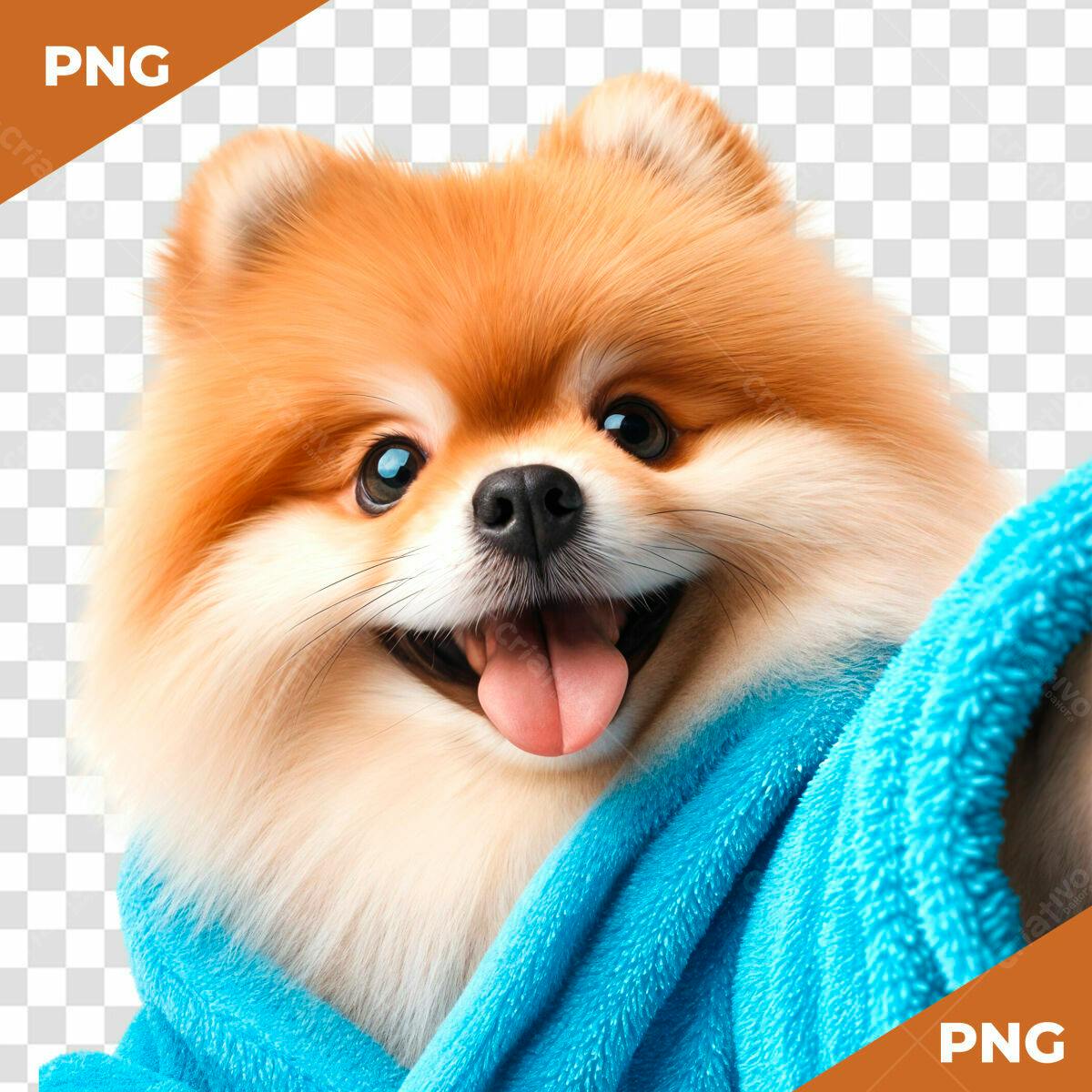 Imagem de Spitz Alemão Enrolado em Toalha Azul PSD Editável