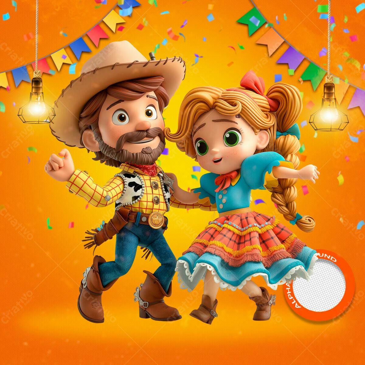 Flyer Festa Junina com Personagens Cartoon PSD Editável