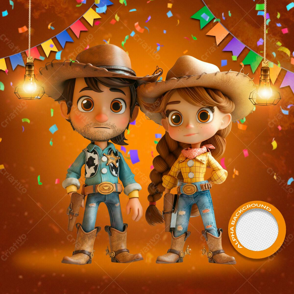 Festa Junina PSD Editável: Cowboy e Cowgirl Cartoon