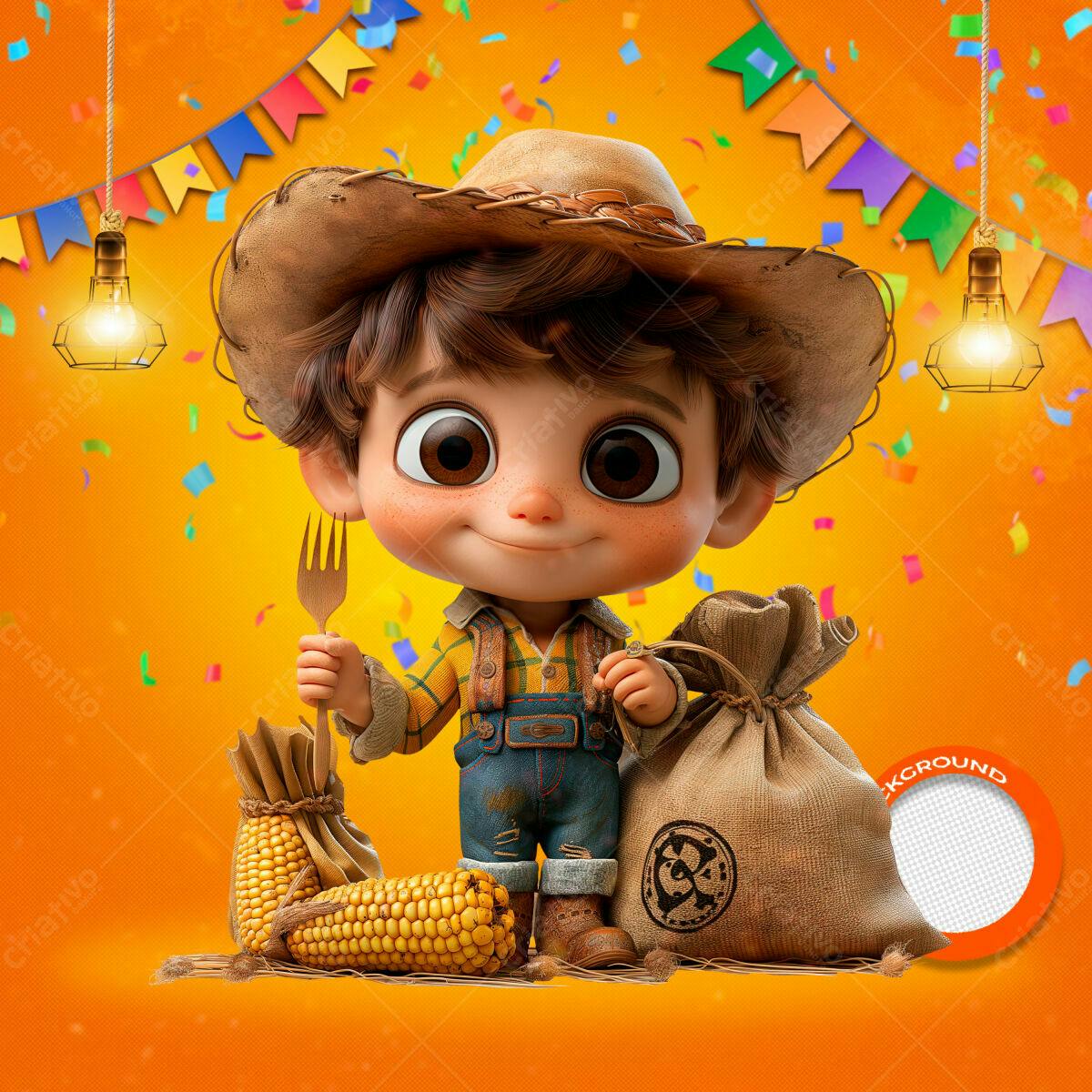 PSD Festa Junina Infantil com Menino 3D