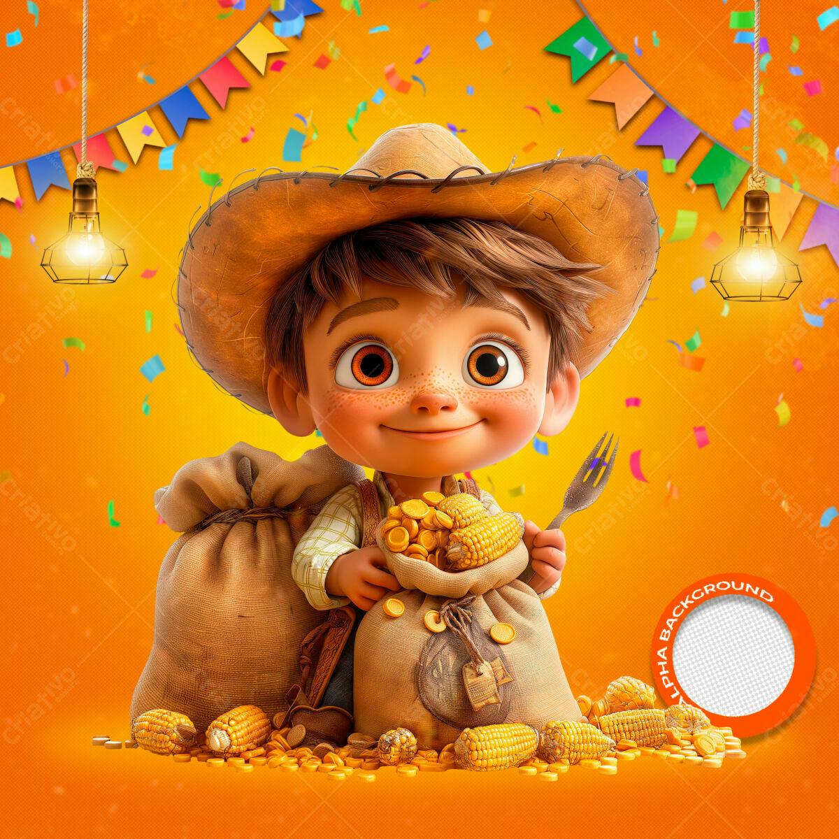 PSD Festa Junina Infantil com Menino Cartoon