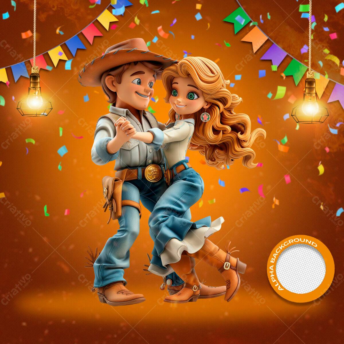 PSD Festa Junina com Casal de Caipiras 3D PSD Editável