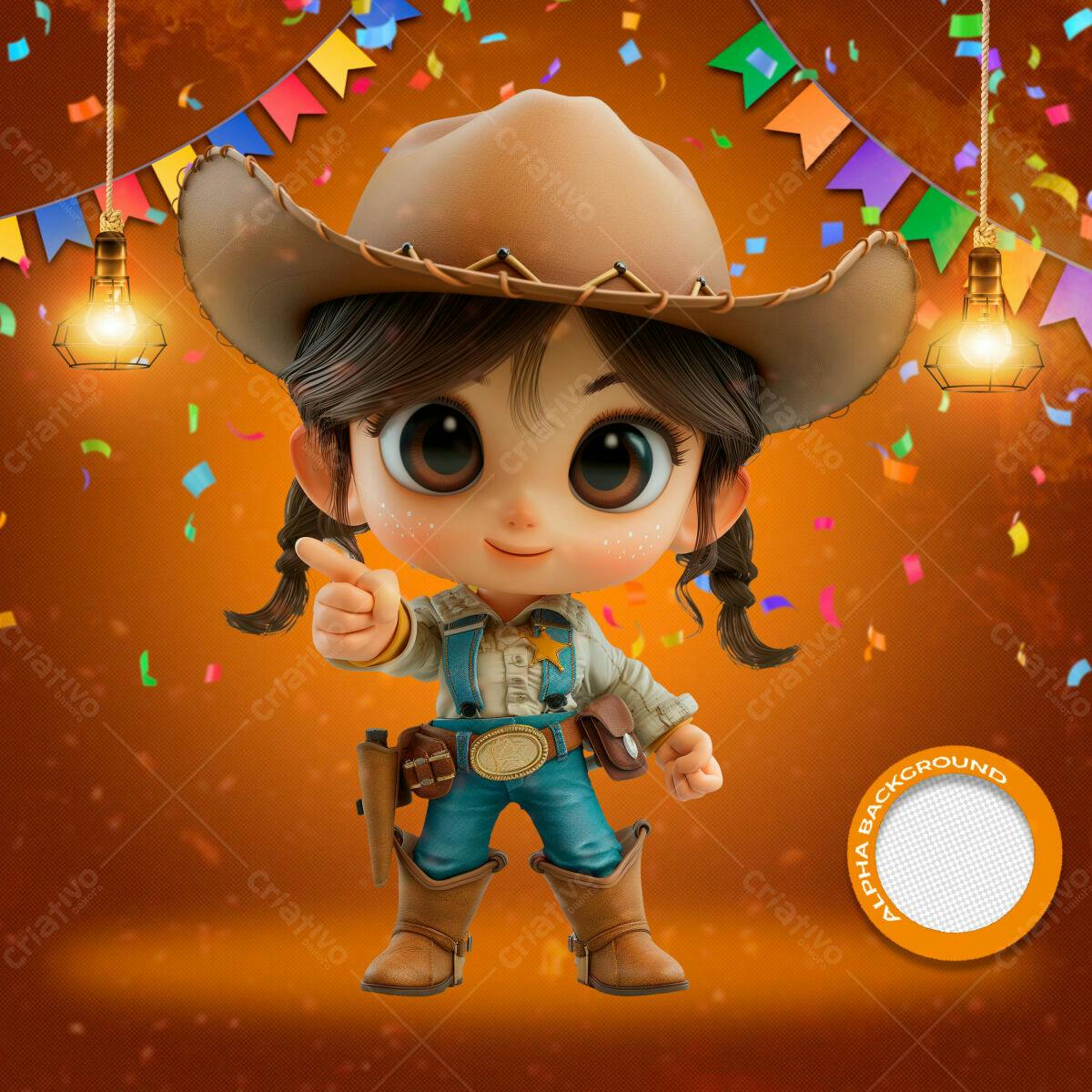PSD Festa Junina Infantil com Cowgirl 3D
