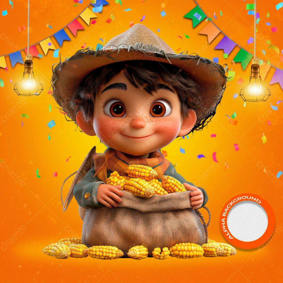 PSD Festa Junina Infantil com Menino e Milho