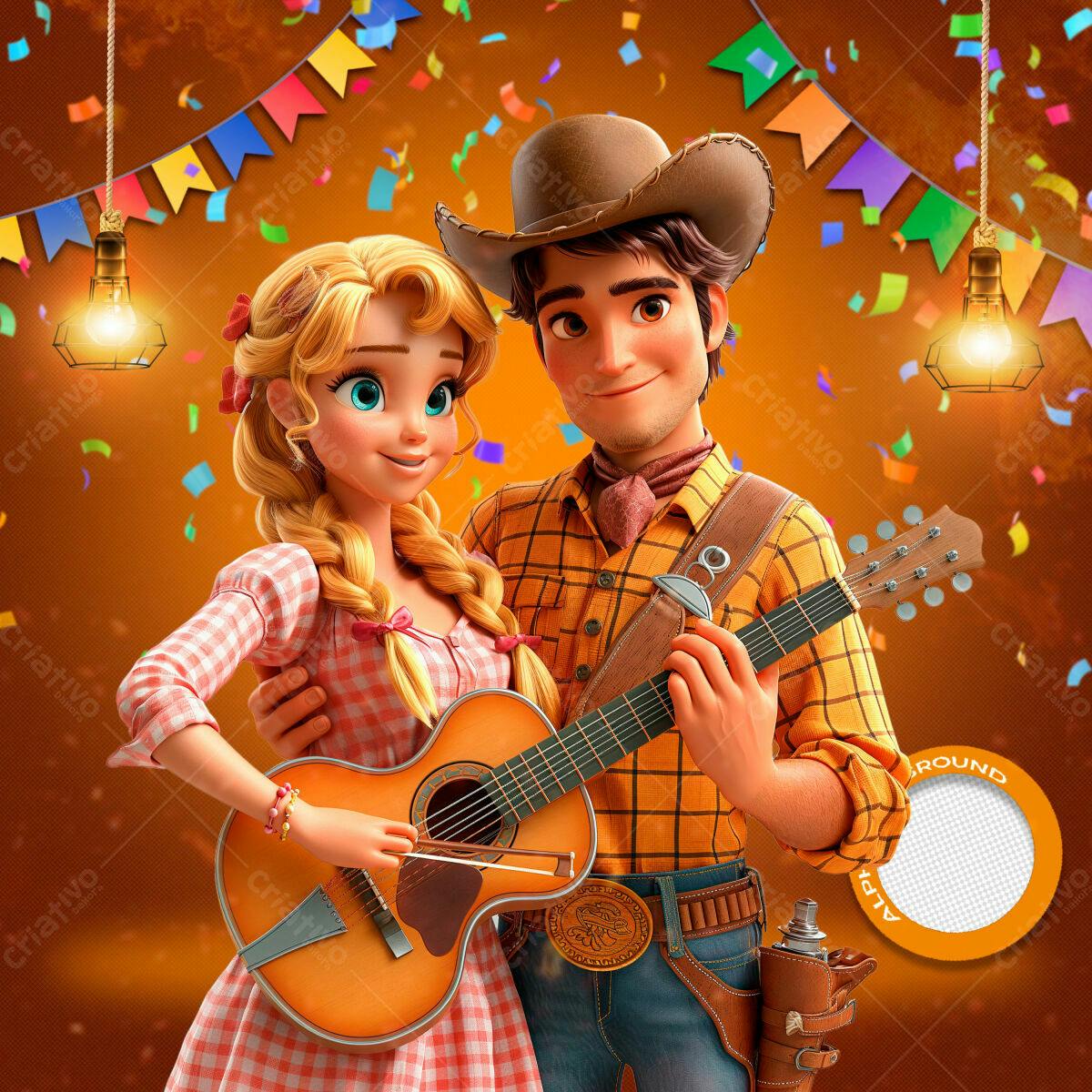 PSD Festa Junina com Casal Caipira Ilustrado