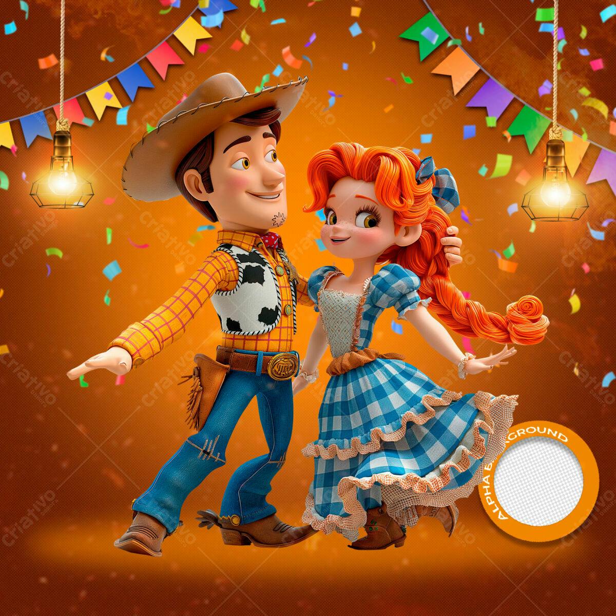 Convite Festa Junina com Personagens Cartoon PSD Editável