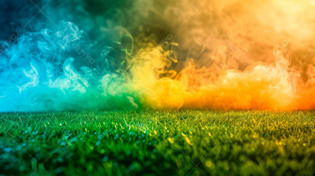 Grama verde com fumaça azul e laranja