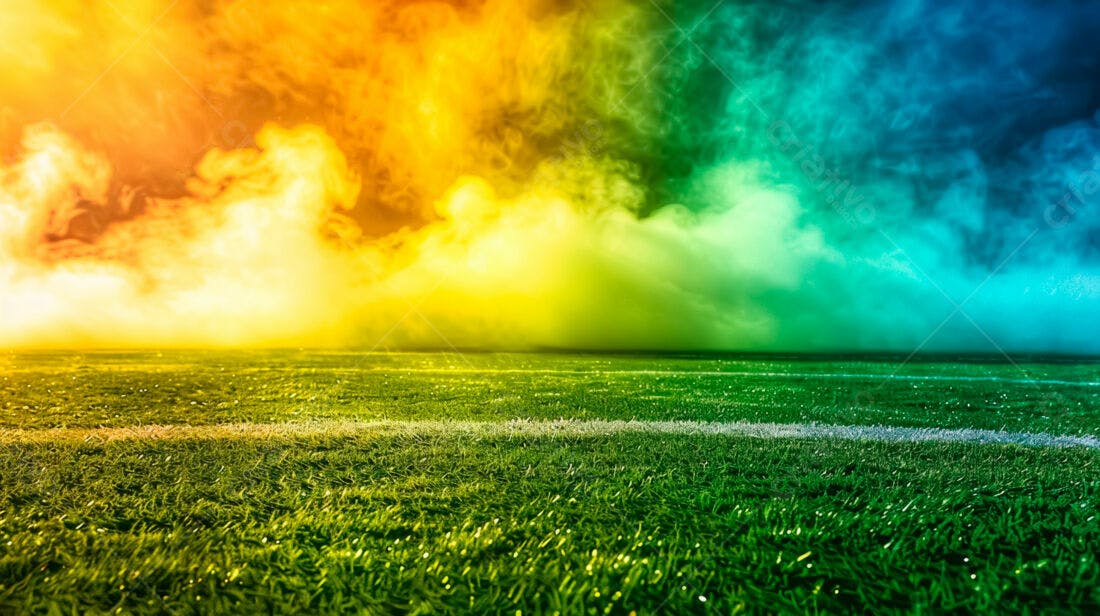 Campo de futebol com fumaça colorida