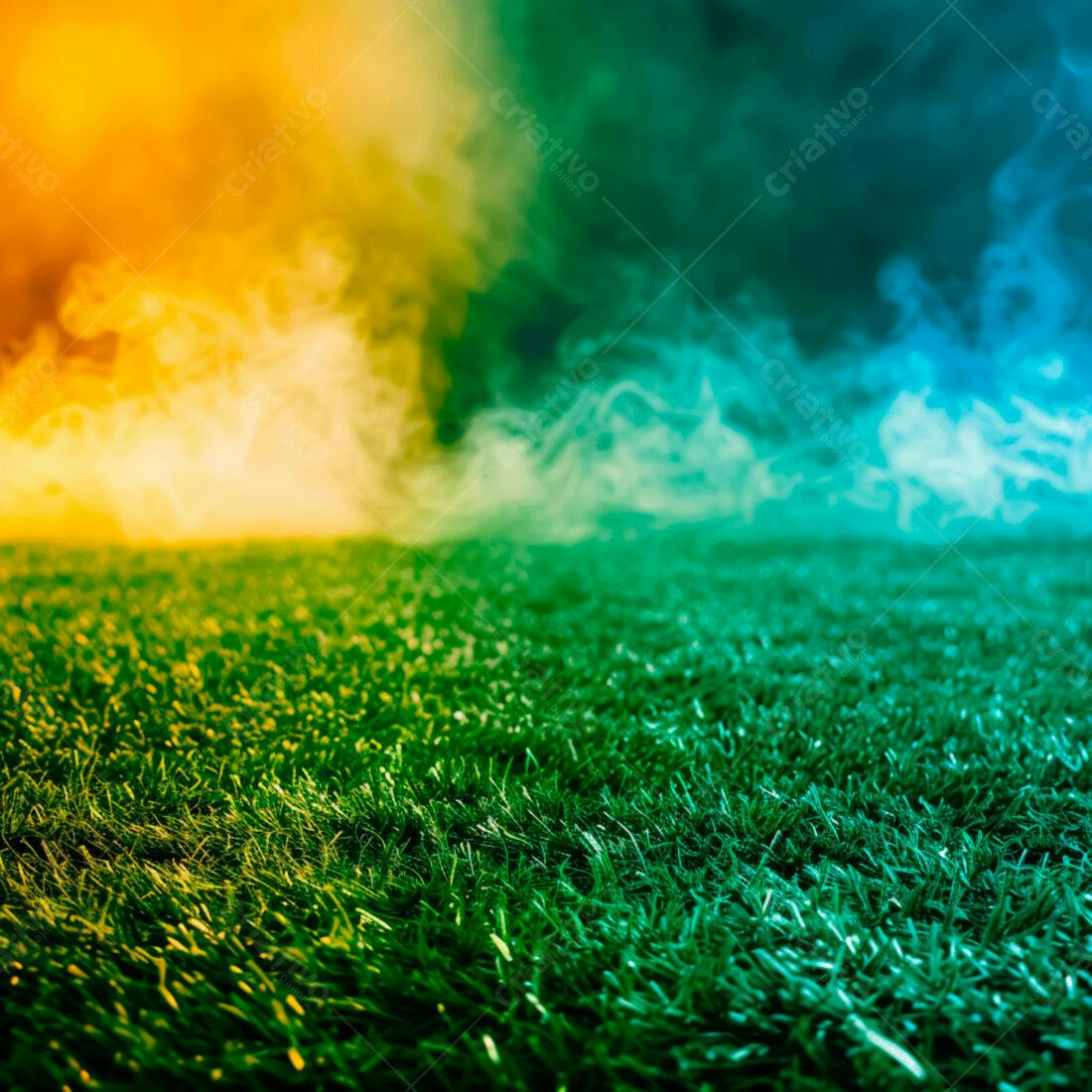 Gramado verde com fumaça laranja e azul