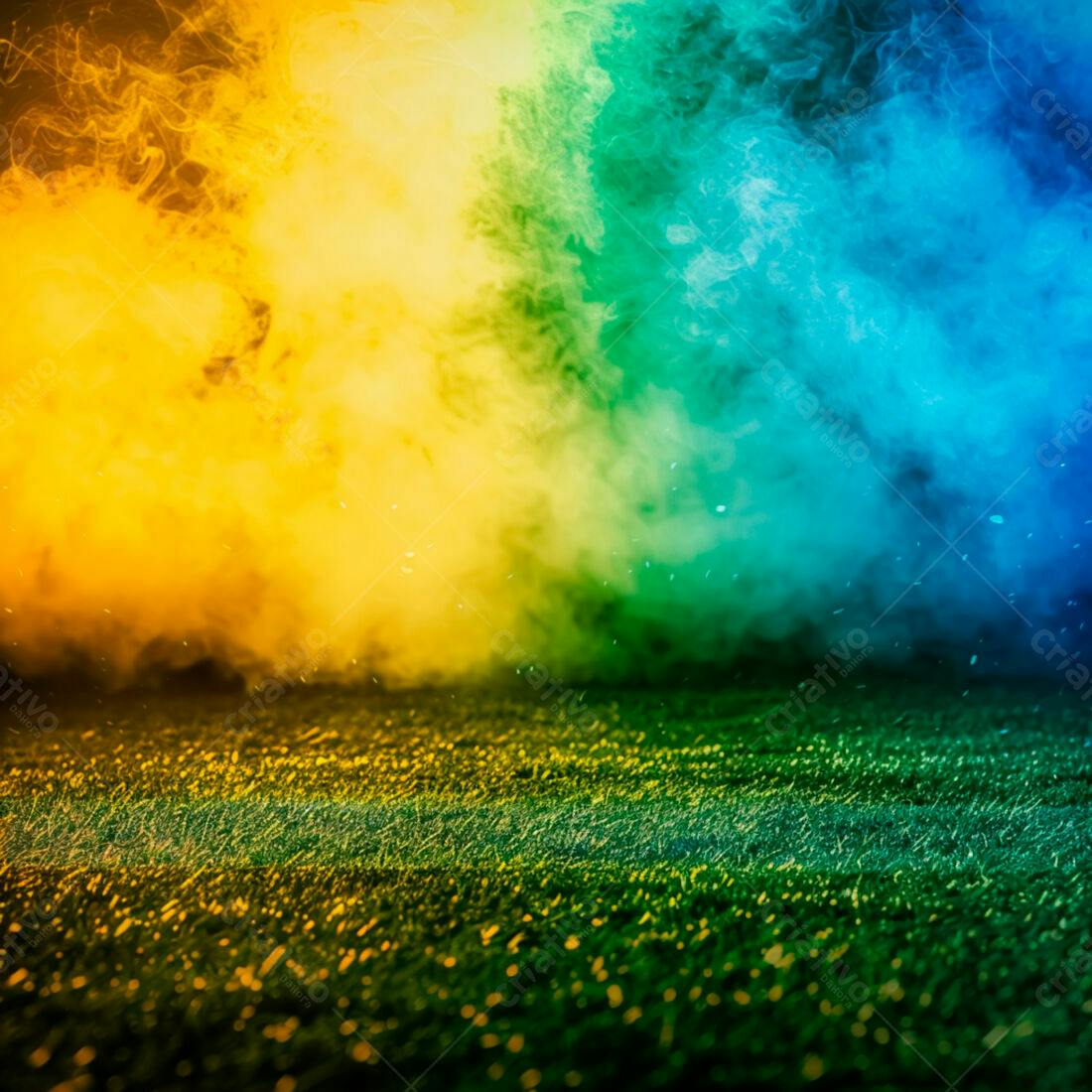 Grama com fumaça colorida amarelo azul e verde