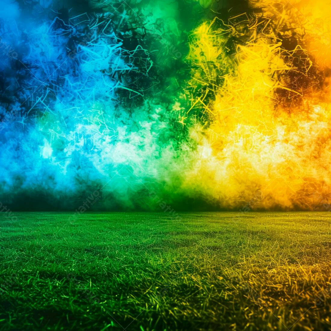 Campo de grama verde com fumaça azul amarela e verde