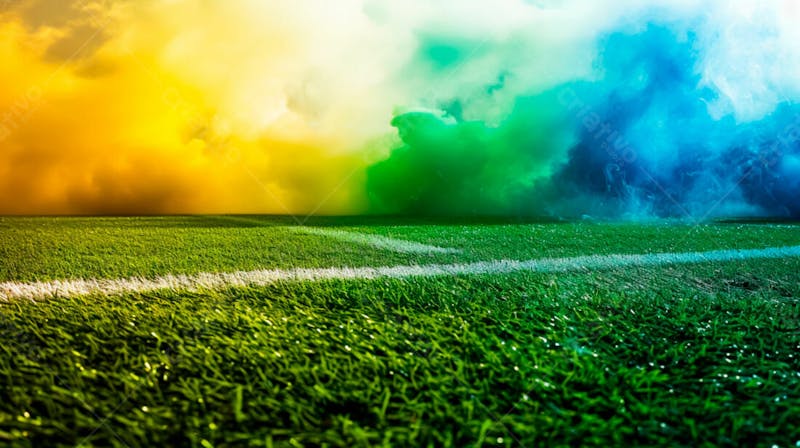 Campo de futebol com fumaça nas cores da bandeira do brasil 14