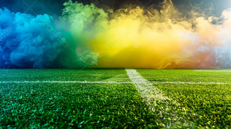 Campo de futebol com fumaça nas cores da bandeira do brasil 16