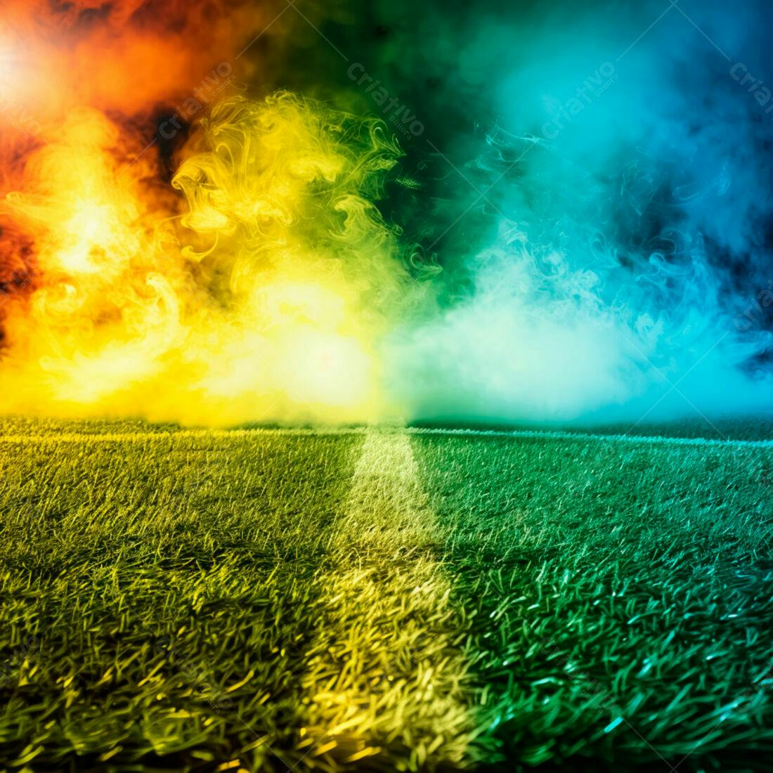 Campo de futebol com fumaça colorida