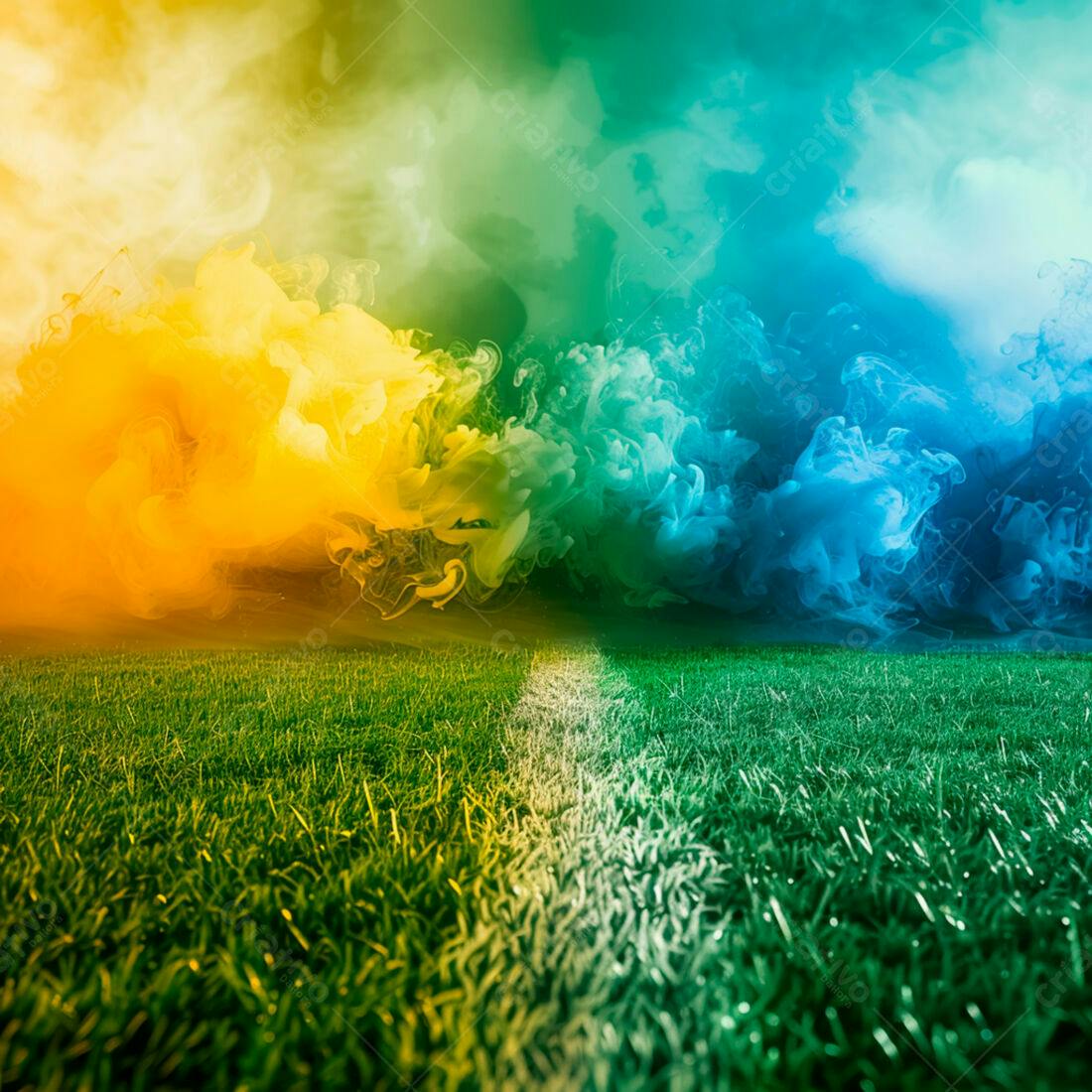 Campo de futebol com fumaça amarela e azul