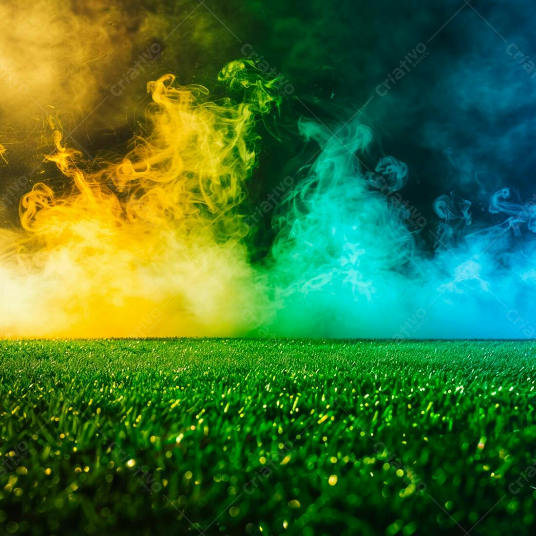 Gramado verde com fumaça amarela e azul