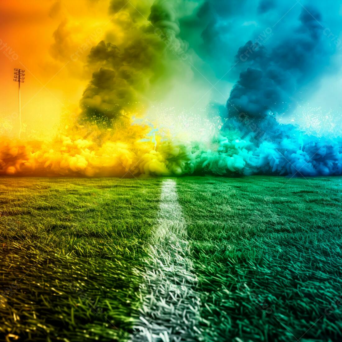 Campo de futebol com fumaça colorida