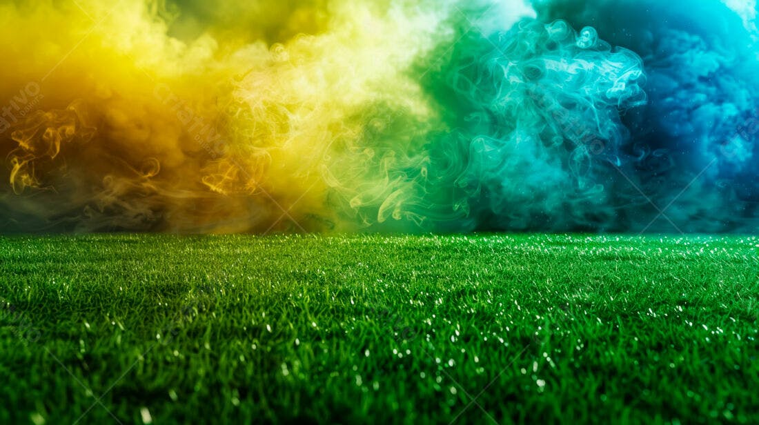 Campo de grama verde com fumaça amarela e azul