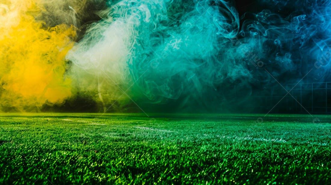 Campo de futebol com fumaça colorida