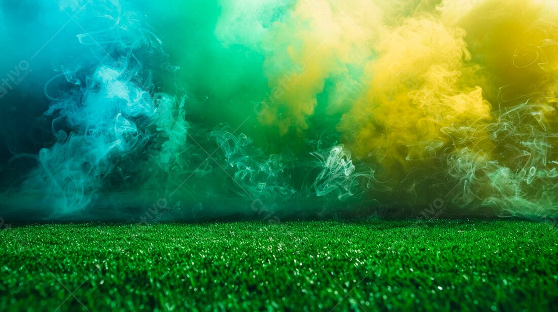 Fumaça colorida sobre gramado verde