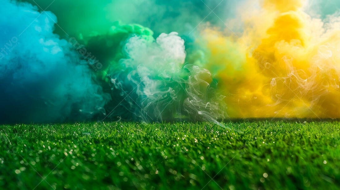 Campo gramado com fumaça verde amarela