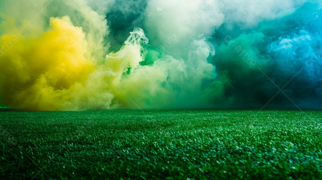Campo gramado com fumaça verde amarela e azul