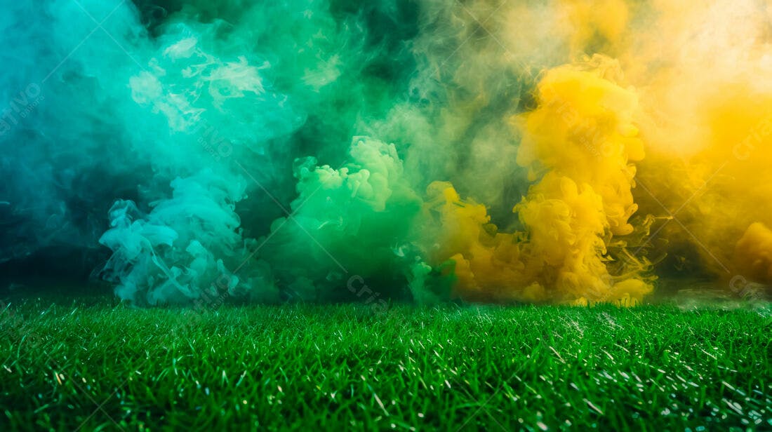 Nuvens de fumaça verde e amarela sobre grama