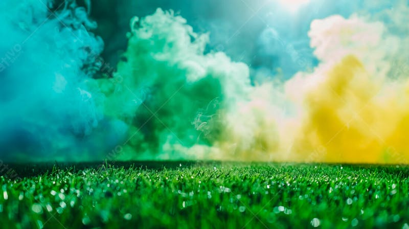 Campo de futebol com fumaça nas cores da bandeira do brasil 1
