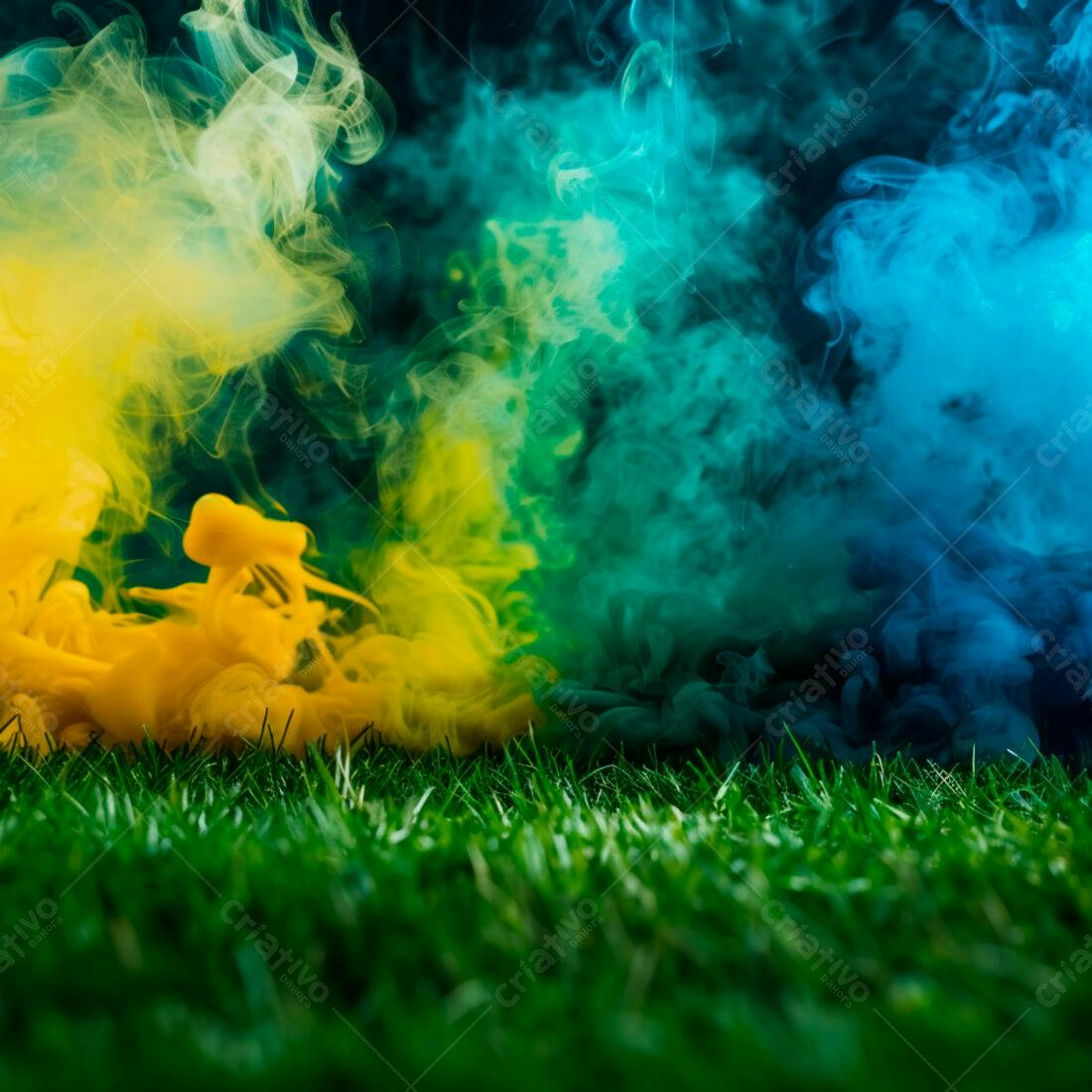 Nuvens de fumaça coloridas sobre grama verde