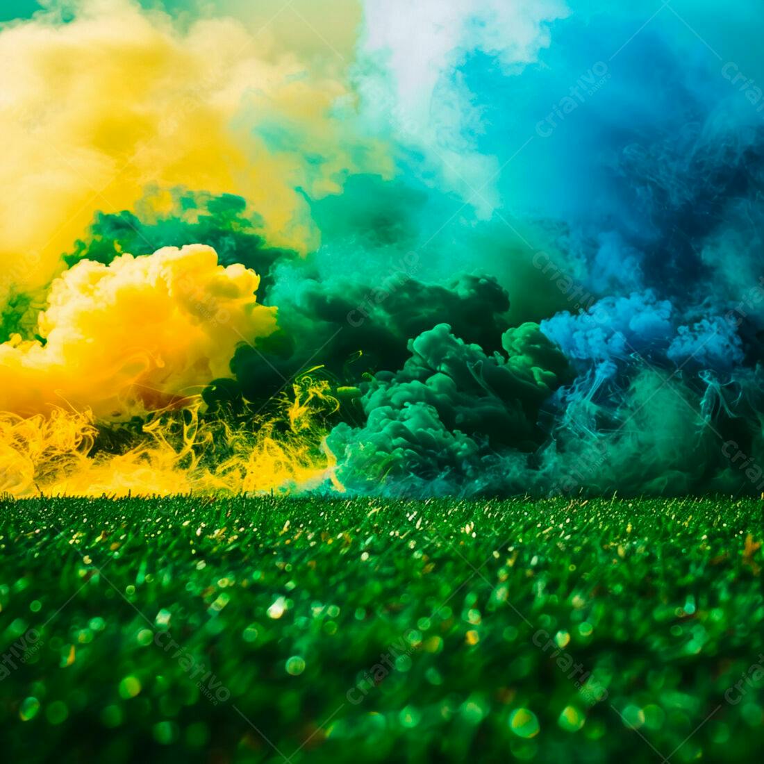 Nuvem de fumaça colorida sobre grama verde