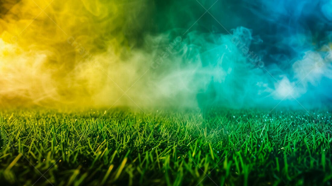 Grama verde com fumaça amarela e azul