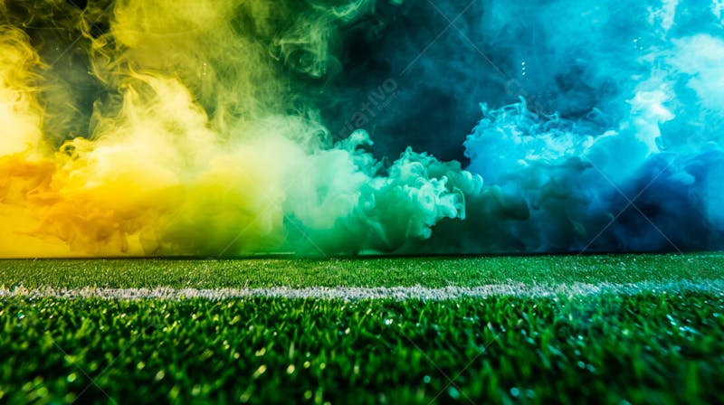 Campo de futebol com fumaça nas cores da bandeira do brasil 50