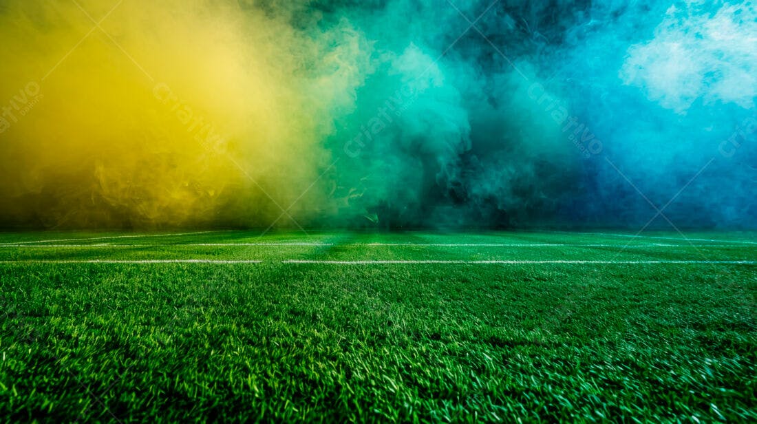 Campo de futebol com fumaça amarela e azul