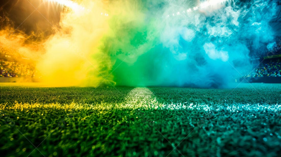 Campo de futebol com fumaça colorida