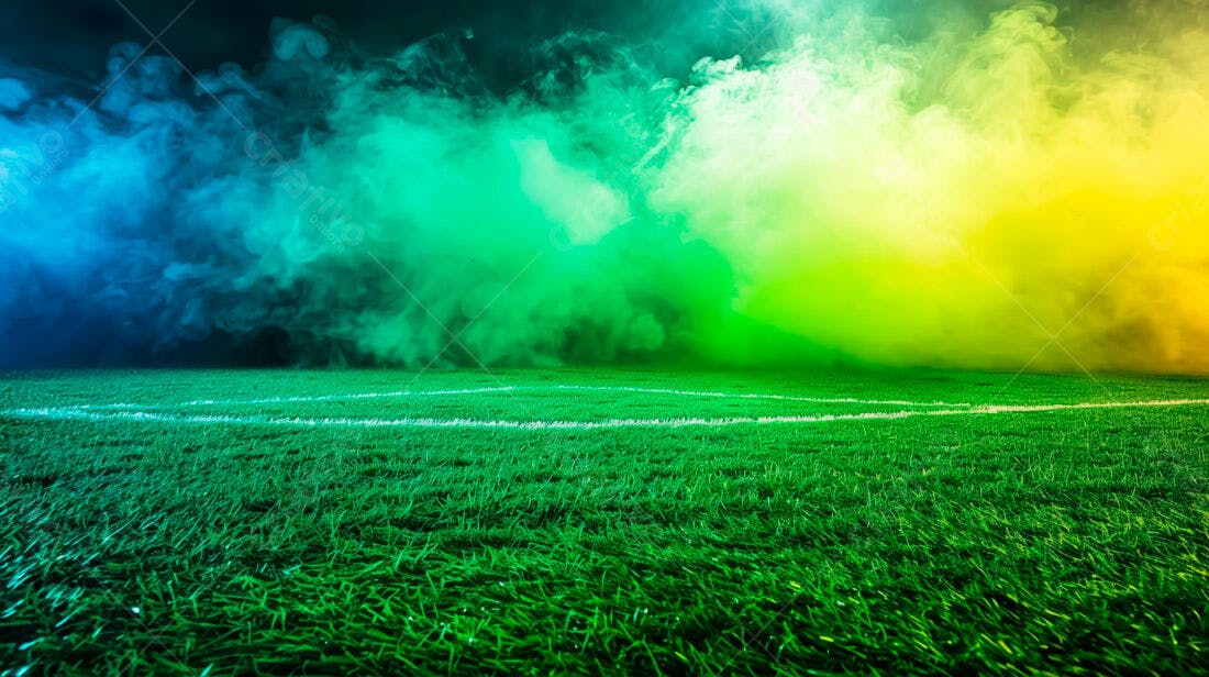 Campo de futebol noturno com fumaça verde e amarela