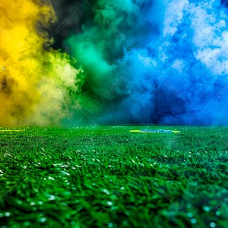 Campo de futebol com fumaça nas cores da bandeira do brasil 54