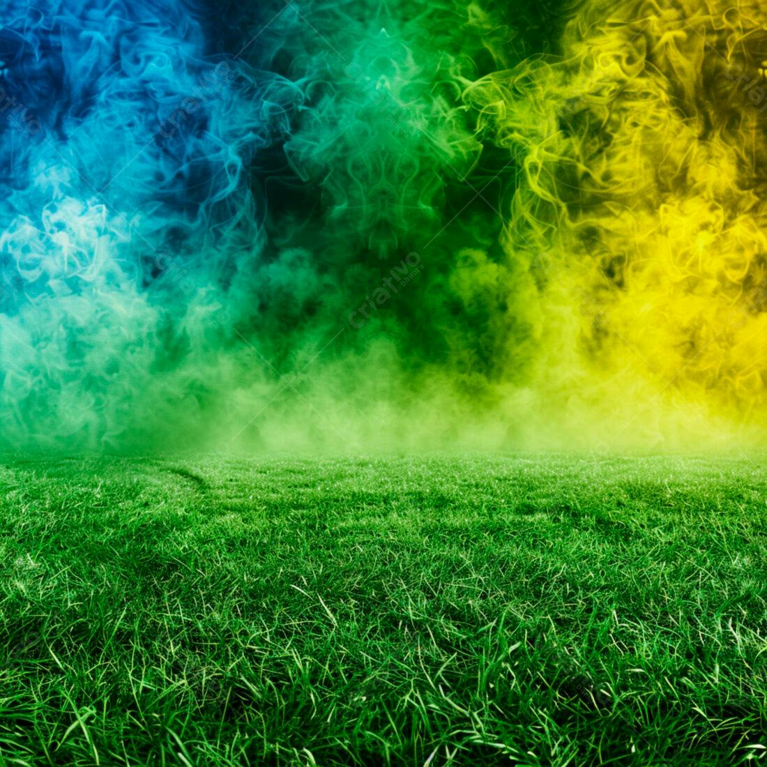 Gramado verde com fumaça azul amarela e verde