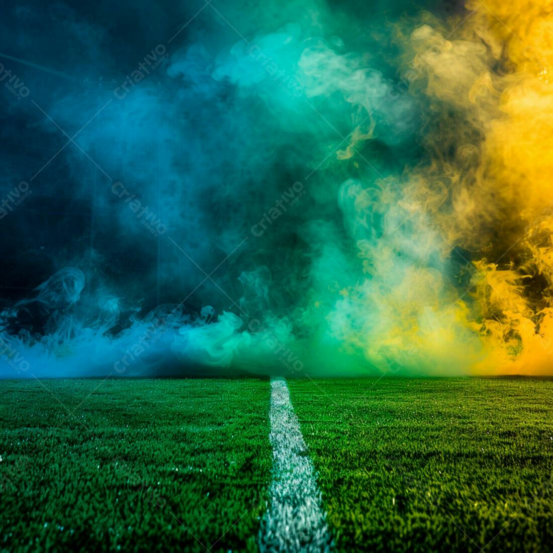Campo de futebol com fumaça azul e amarela