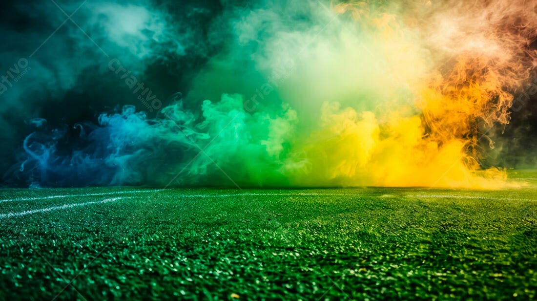 Campo de futebol com fumaça verde amarela