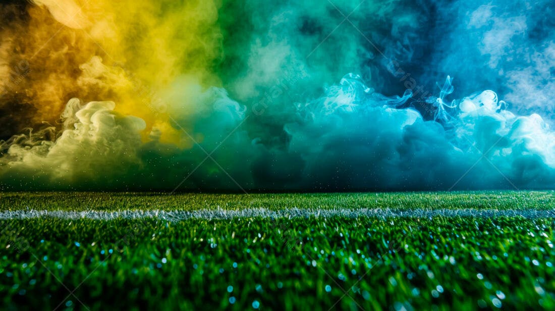 Campo de futebol com fumaça colorida