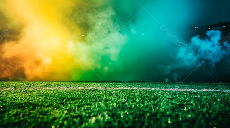Campo de futebol com fumaça nas cores da bandeira do brasil 60