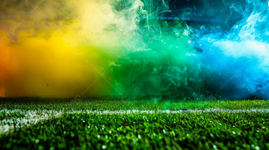Campo de futebol com fumaça colorida