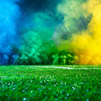 Campo de futebol com fumaça nas cores da bandeira do brasil 62