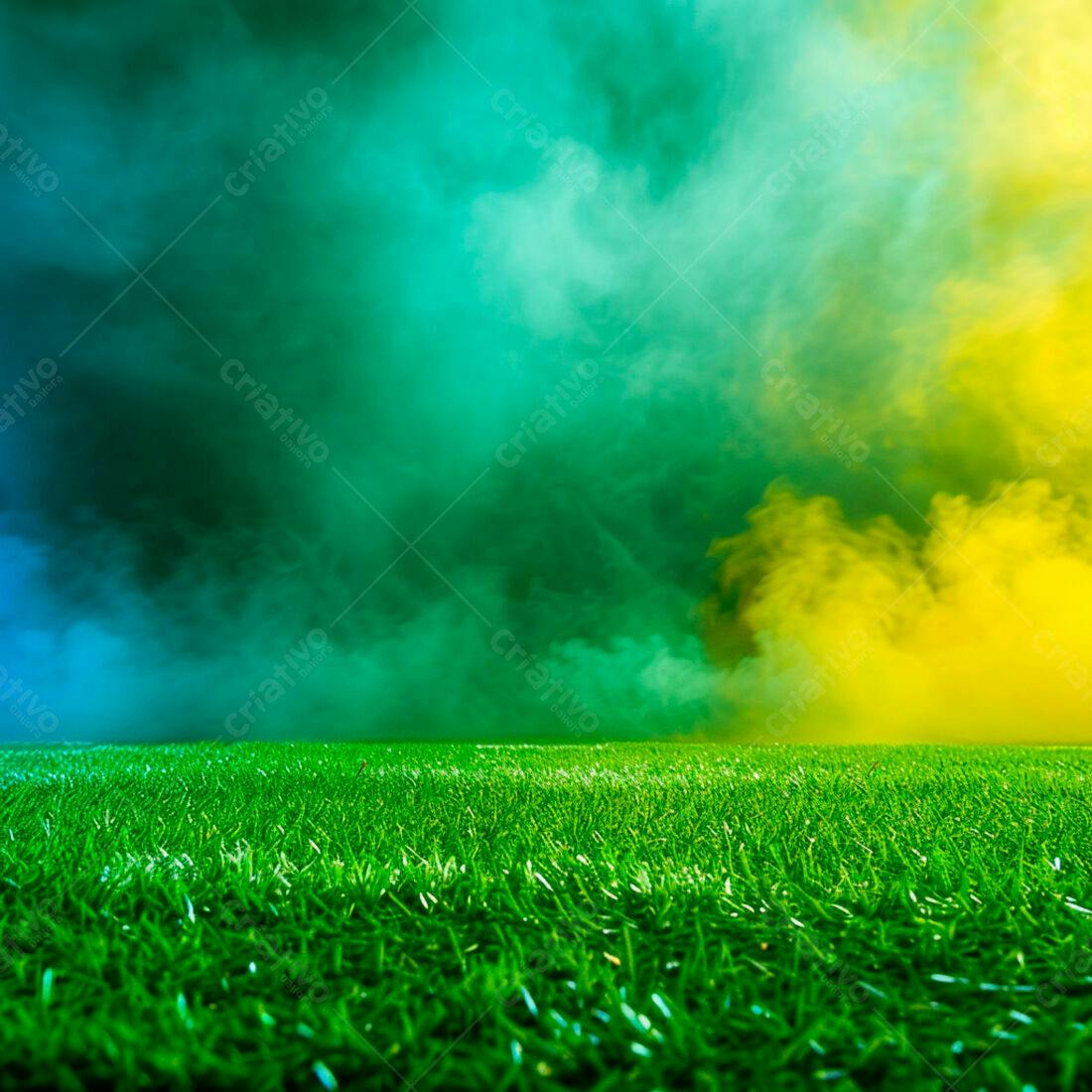 Campo de grama verde com fumaça verde e amarela