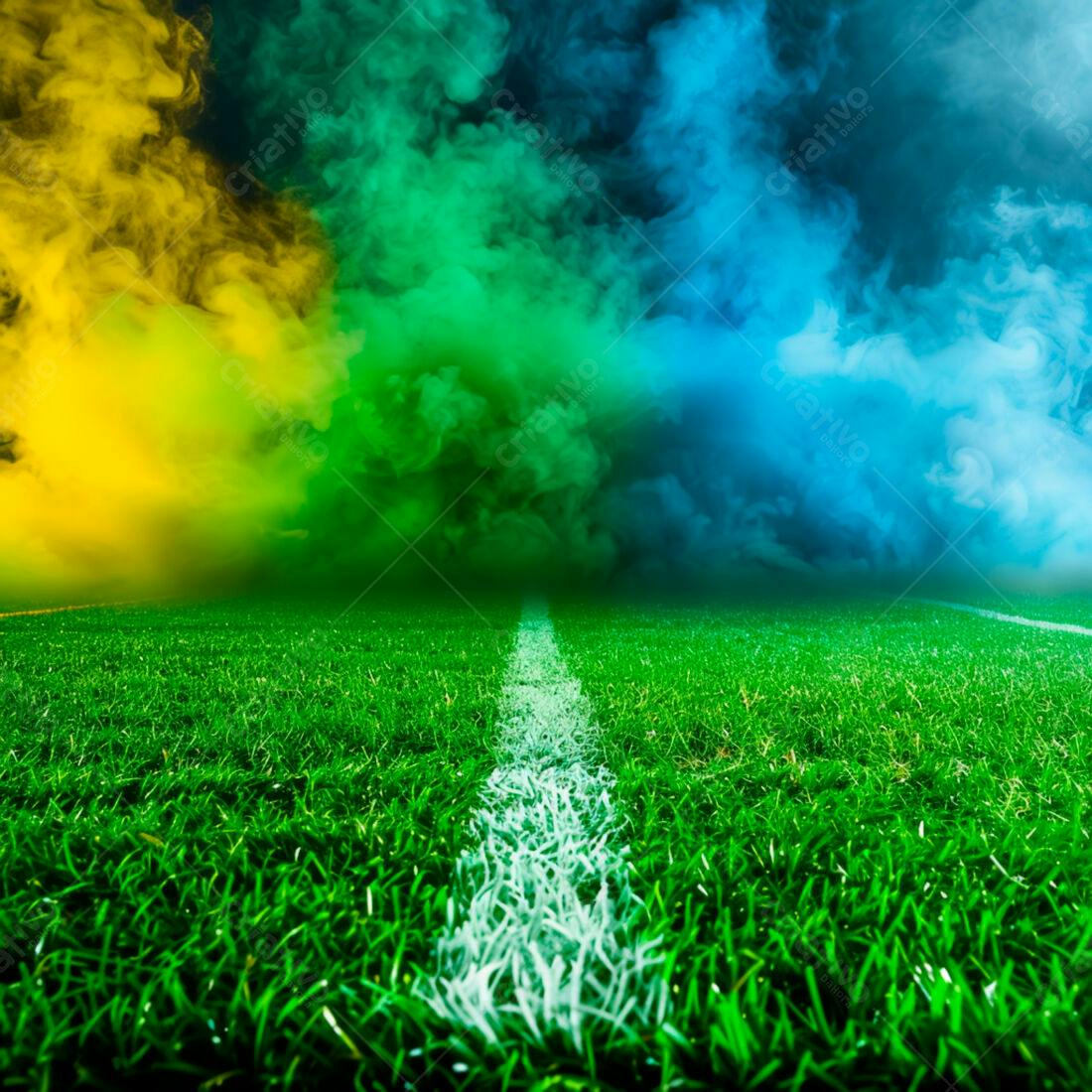 Campo de futebol com fumaça colorida
