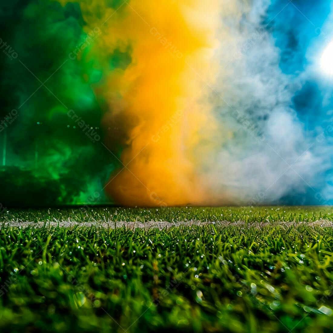 Campo de futebol com fumaça verde amarela e azul