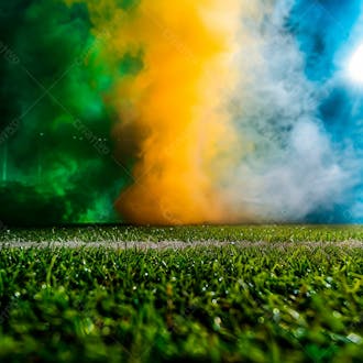 Campo de futebol com fumaça nas cores da bandeira do brasil 66