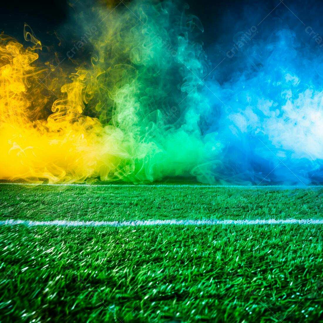 Campo de futebol com fumaça colorida
